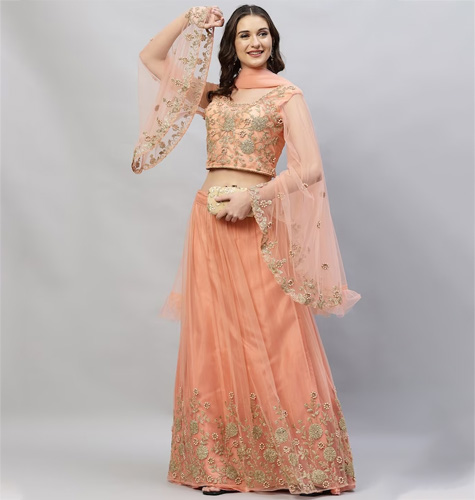 Peach-Coloured & Gold-Toned Embroidered Semi-Stitched Lehenga & Unstitched Blouse With Dupatta